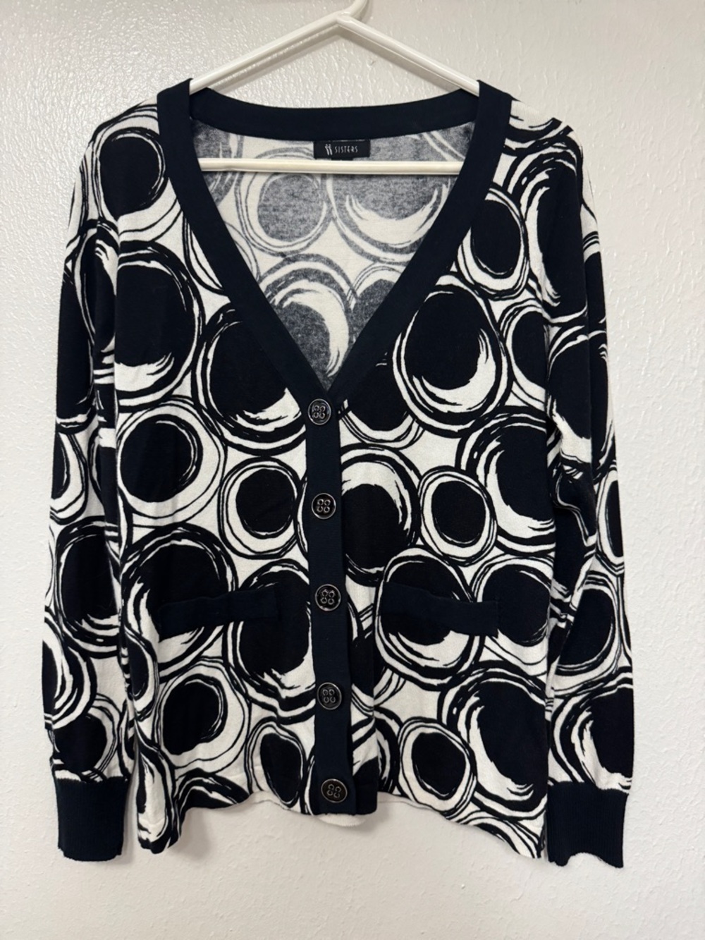 Sisters Black and White Circle-Print Button Cardigan